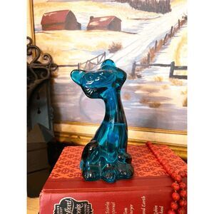 Vintage Fenton Blue Glass Cat Figurine Teal Art Glass Kitty Mid Century Modern D